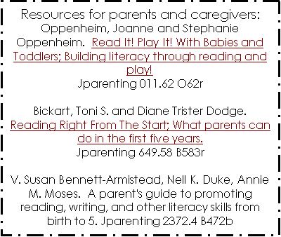 Text Box: Resources for parents and caregivers:Oppenheim, Joanne and Stephanie Oppenheim.  Read It! Play It! With Babies and Toddlers; Building literacy through reading and play!  Jparenting 011.62 O62rBickart, Toni S. and Diane Trister Dodge.  Reading Right From The Start; What parents can do in the first five years.  Jparenting 649.58 B583rV. Susan Bennett-Armistead, Nell K. Duke, Annie M. Moses.  A parent's guide to promoting reading, writing, and other literacy skills from birth to 5. Jparenting 2372.4 B472b